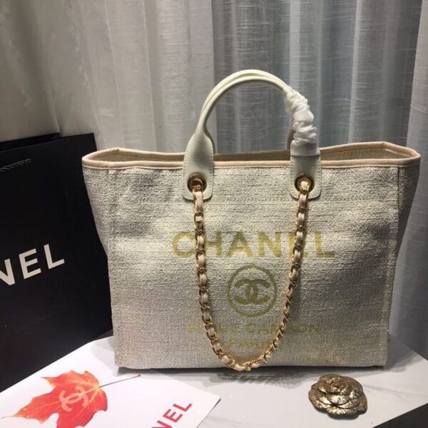 Cahnel Deauville Tote 38cm Canvas Bag Spring/Summer Collection, Beige/Cream/Gold/Multi