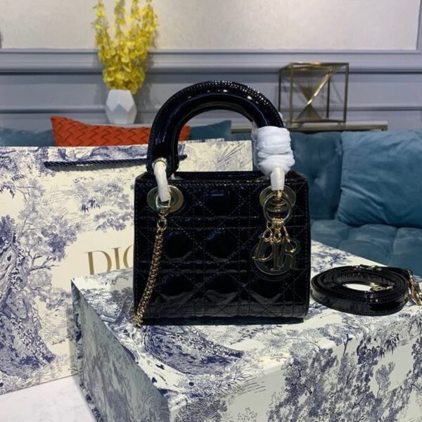 Christin Doir Mini Lady Dior Bag 18cm with Chain Gold Hardware Patent Leather Spring/Summer Collection, Black